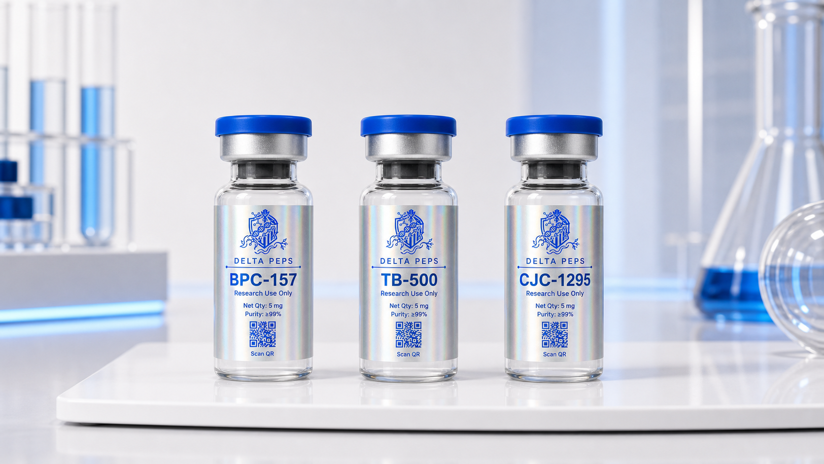 Delta Peps 3ml research vials with QR-linked batch COA labels in a laboratory setting