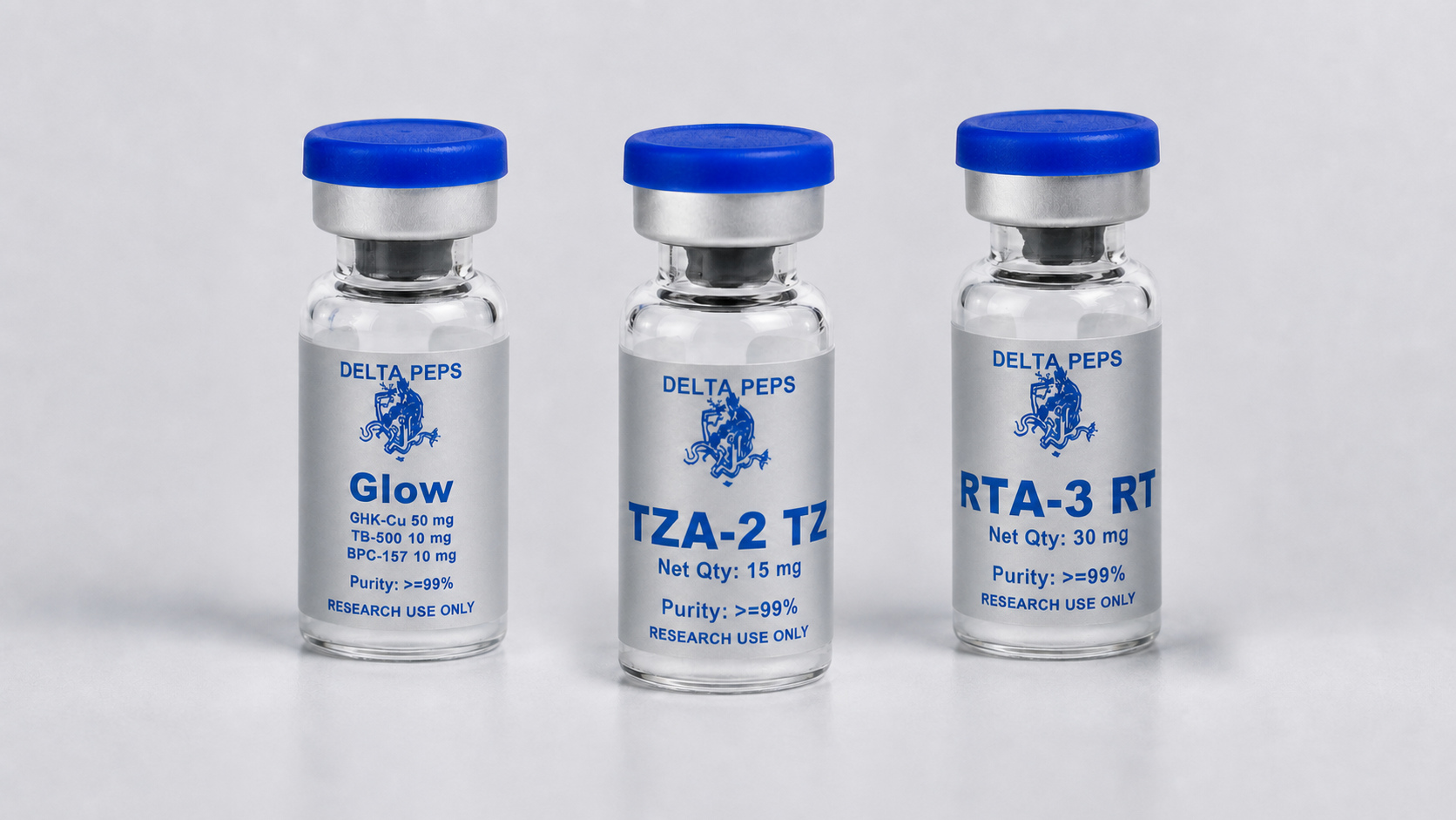Delta Peps labeled research vials — RTA-3, TZA-2, and Glow
